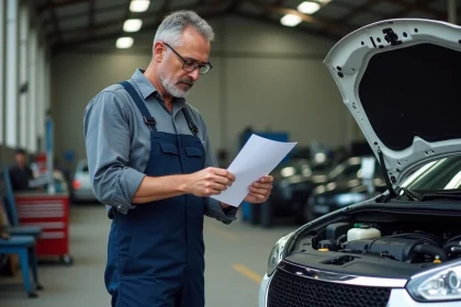 Mécanicien homme en overalls examine documents près d'une 208 GTi blanche