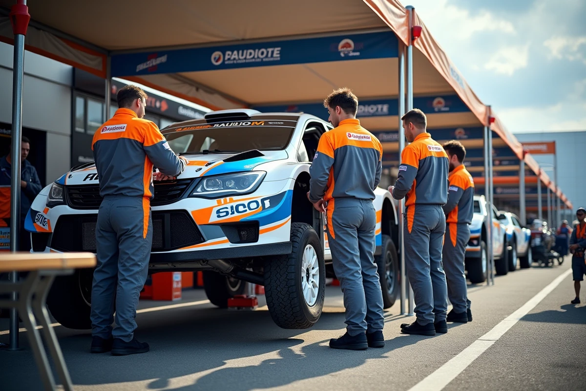 Équipe de mécaniciens au parc d'assistance d'un rally travaillant sur une voiture de compétition