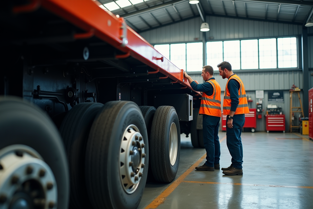 Mecaniciens inspectant un camion plat en atelier lumineux