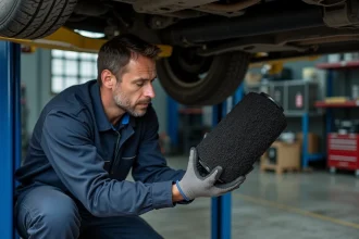 Mécanicien inspectant un filtre à particules diesel encrassé de suie noire dans un garage automobile professionnel