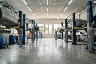 Vue panoramique d'un garage automobile professionnel à Montpellier avec plusieurs véhicules sur ponts élévateurs et mécaniciens au travail