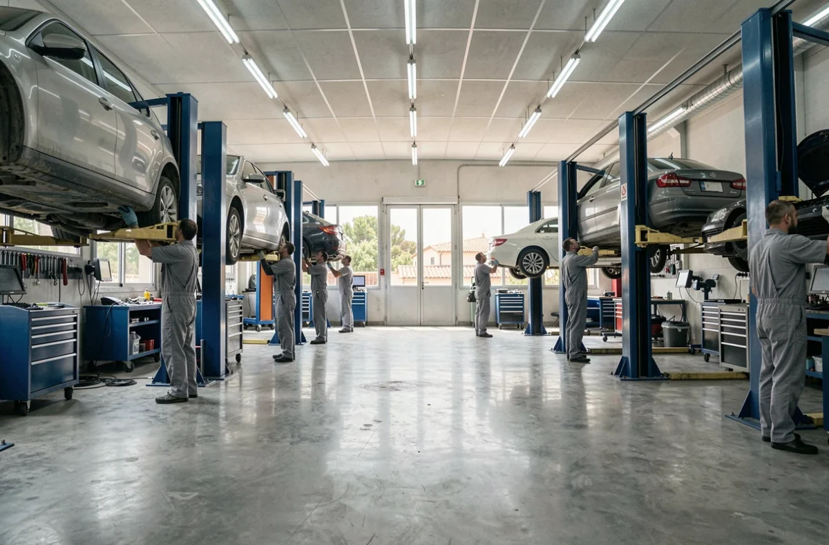 Vue panoramique d'un garage automobile professionnel à Montpellier avec plusieurs véhicules sur ponts élévateurs et mécaniciens au travail