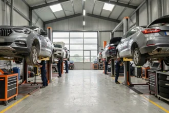 Vue panoramique d'un garage automobile professionnel dans la Somme avec des mécaniciens au travail sur plusieurs véhicules