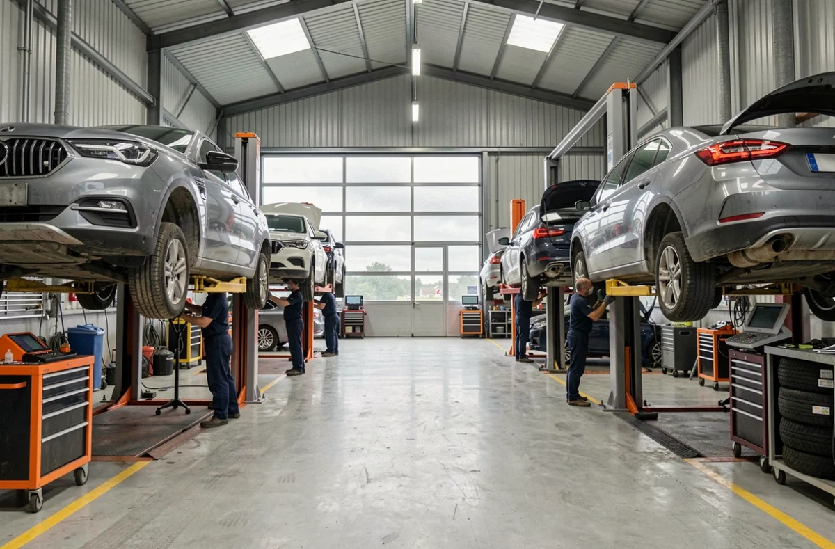 Vue panoramique d'un garage automobile professionnel dans la Somme avec des mécaniciens au travail sur plusieurs véhicules