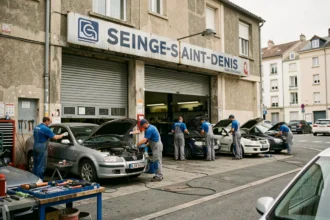 Vue d'ensemble d'un garage automobile en Seine-Saint-Denis avec des mécaniciens au travail devant l'atelier