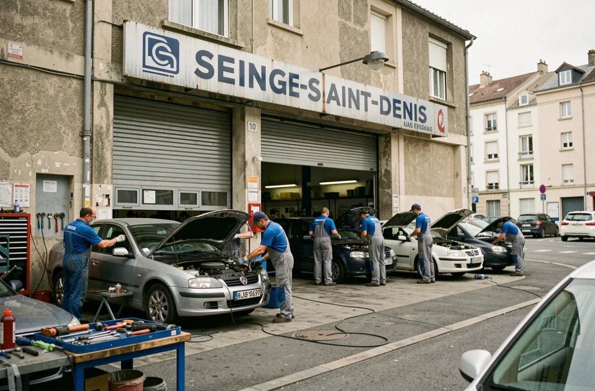 Vue d'ensemble d'un garage automobile en Seine-Saint-Denis avec des mécaniciens au travail devant l'atelier