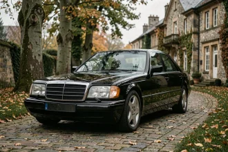 Mercedes-Benz S600 W140 V12 noire en condition d'origine garée devant un domaine européen, vue trois quarts avant, idéale pour investissement youngtimer