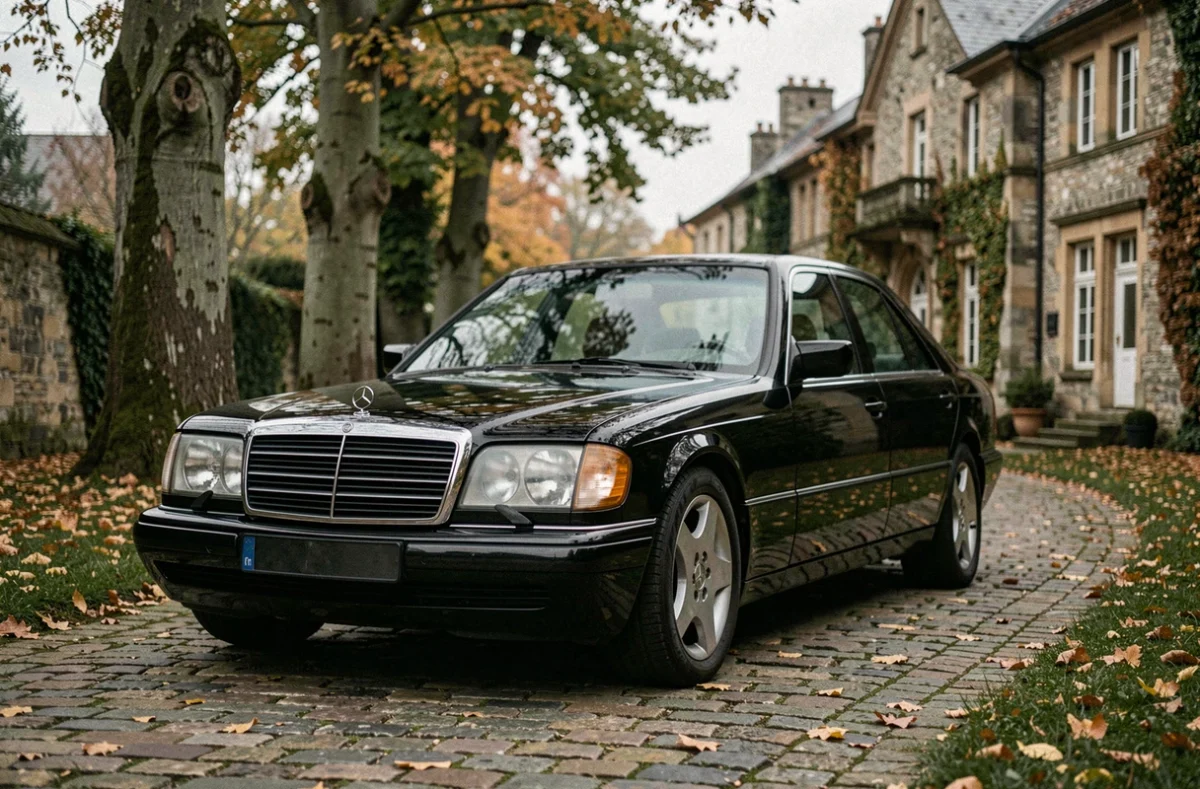 Mercedes-Benz S600 W140 V12 noire en condition d'origine garée devant un domaine européen, vue trois quarts avant, idéale pour investissement youngtimer