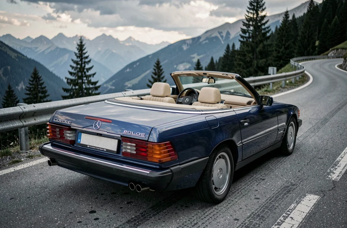 Mercedes SL600 R129 V12 cabriolet bleu nuit capote baissée sur route de montagne, roadster youngtimer emblématique à fort potentiel de valorisation