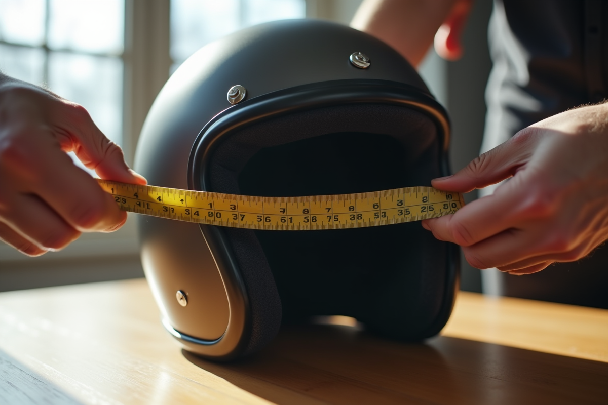 Mains mesurant l intérieur d un casque moto avec un ruban