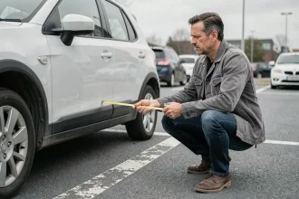 Homme mesurant la longueur d'un SUV compact dans un parking extérieur avec un mètre ruban jaune
