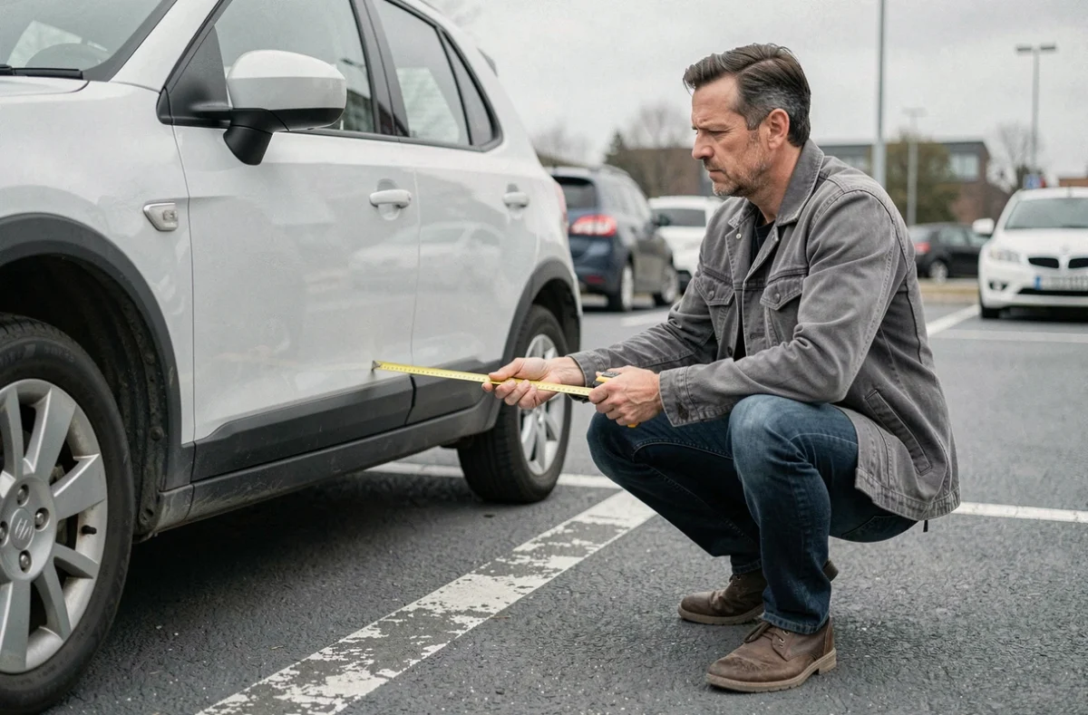 Homme mesurant la longueur d'un SUV compact dans un parking extérieur avec un mètre ruban jaune