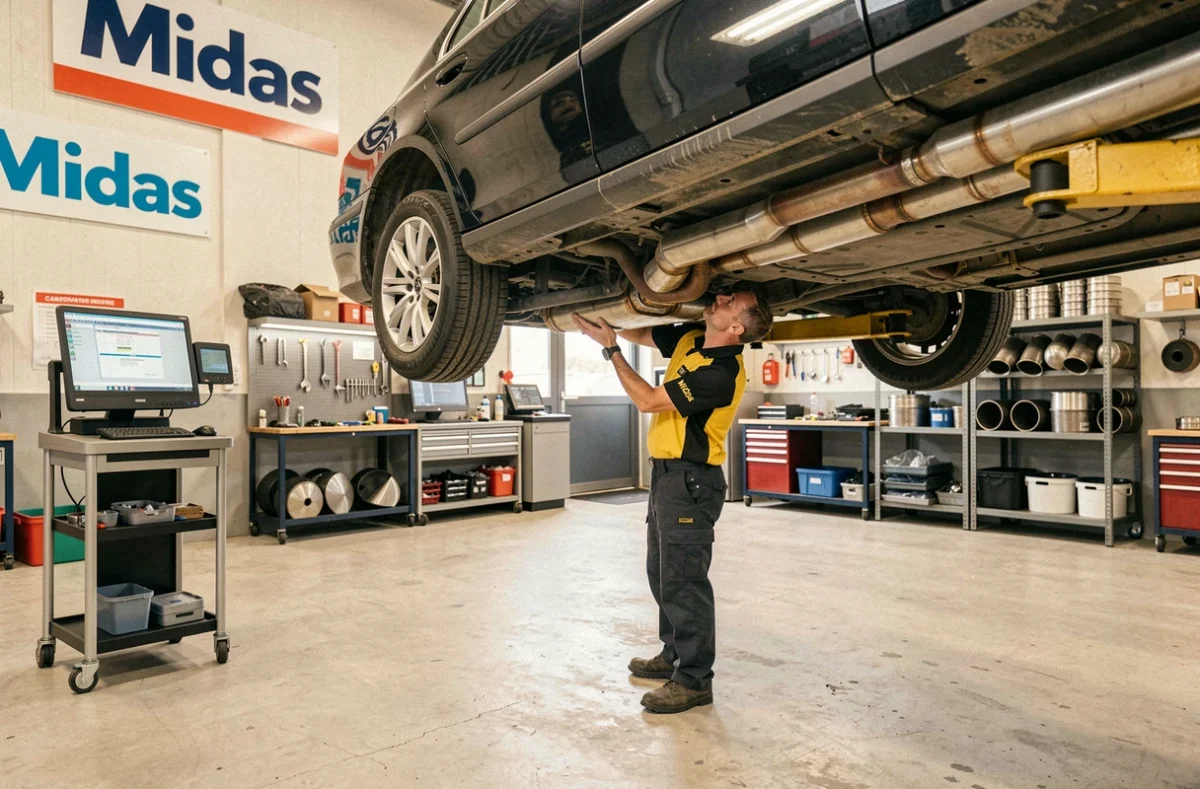 Technicien Midas en uniforme inspectant le système d'échappement d'une voiture dans le centre Midas Amiens Ouest
