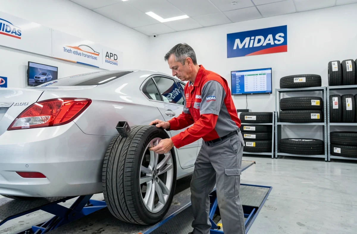 Technicien en uniforme Midas changeant un pneu sur une voiture en hauteur dans le centre Midas Bastia en Haute-Corse