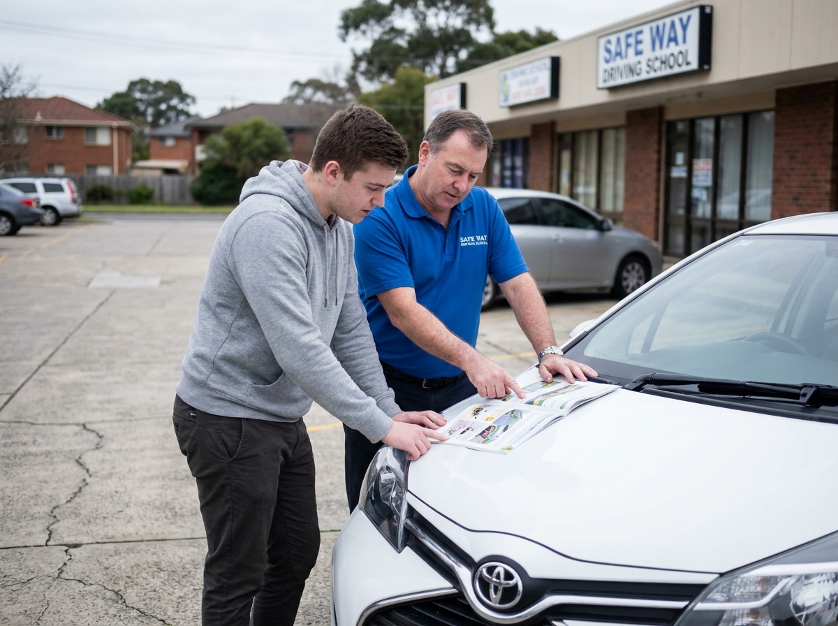 Jeune homme et moniteur d'auto-école étudiant le code de la route ensemble avant une leçon pratique