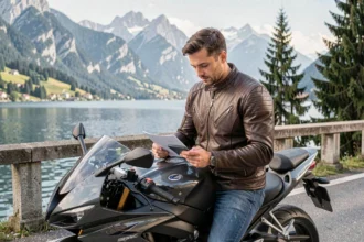 Motard consultant des offres d'assurance moto sur tablette au bord du lac d'Annecy avec son moto garée