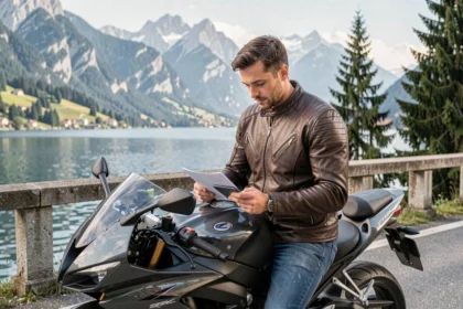 Motard consultant des offres d'assurance moto sur tablette au bord du lac d'Annecy avec son moto garée