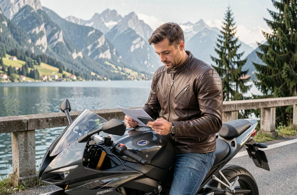 Motard consultant des offres d'assurance moto sur tablette au bord du lac d'Annecy avec son moto garée