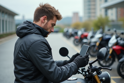 Motard attachant son smartphone sur le guidon de sa moto