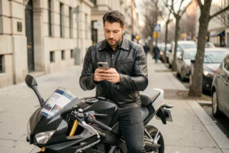 Motard comparant des offres d'assurance moto sur smartphone en milieu urbain, illustration de la loi Hamon