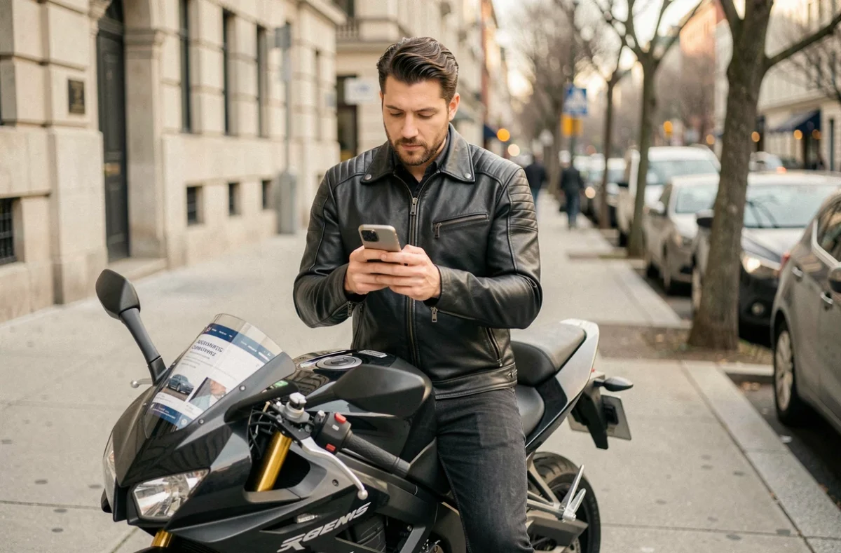 Motard comparant des offres d'assurance moto sur smartphone en milieu urbain, illustration de la loi Hamon