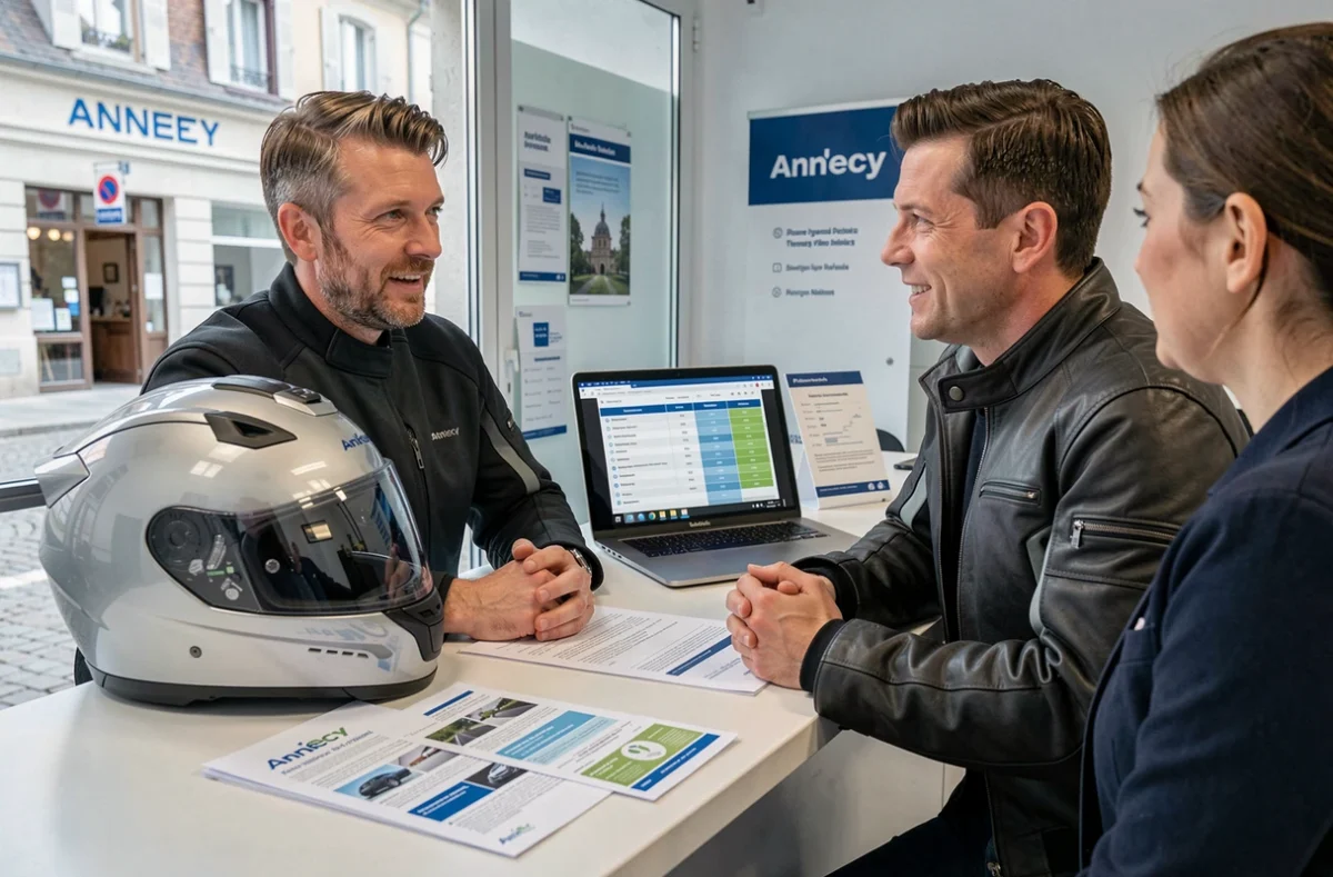 Motard discutant d'une offre d'assurance moto avec un conseiller dans une agence d'Annecy