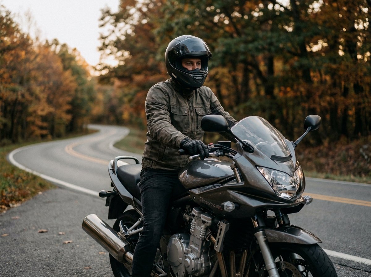 Motard équipé sur une moto de loisir garée sur une route forestière en automne, illustrant l'assurance moto de loisir