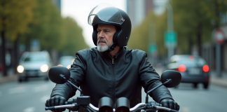 Motard en ville portant un casque et veste noire sur sa moto