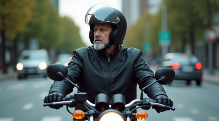 Motard invisible : pourquoi est-il parfois difficile à détecter ? Motard en ville portant un casque et veste noire sur sa moto