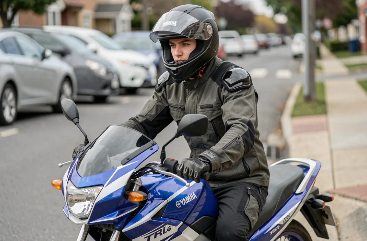 Jeune motard en équipement de sécurité assis sur une Yamaha TZR 125 dans une rue urbaine