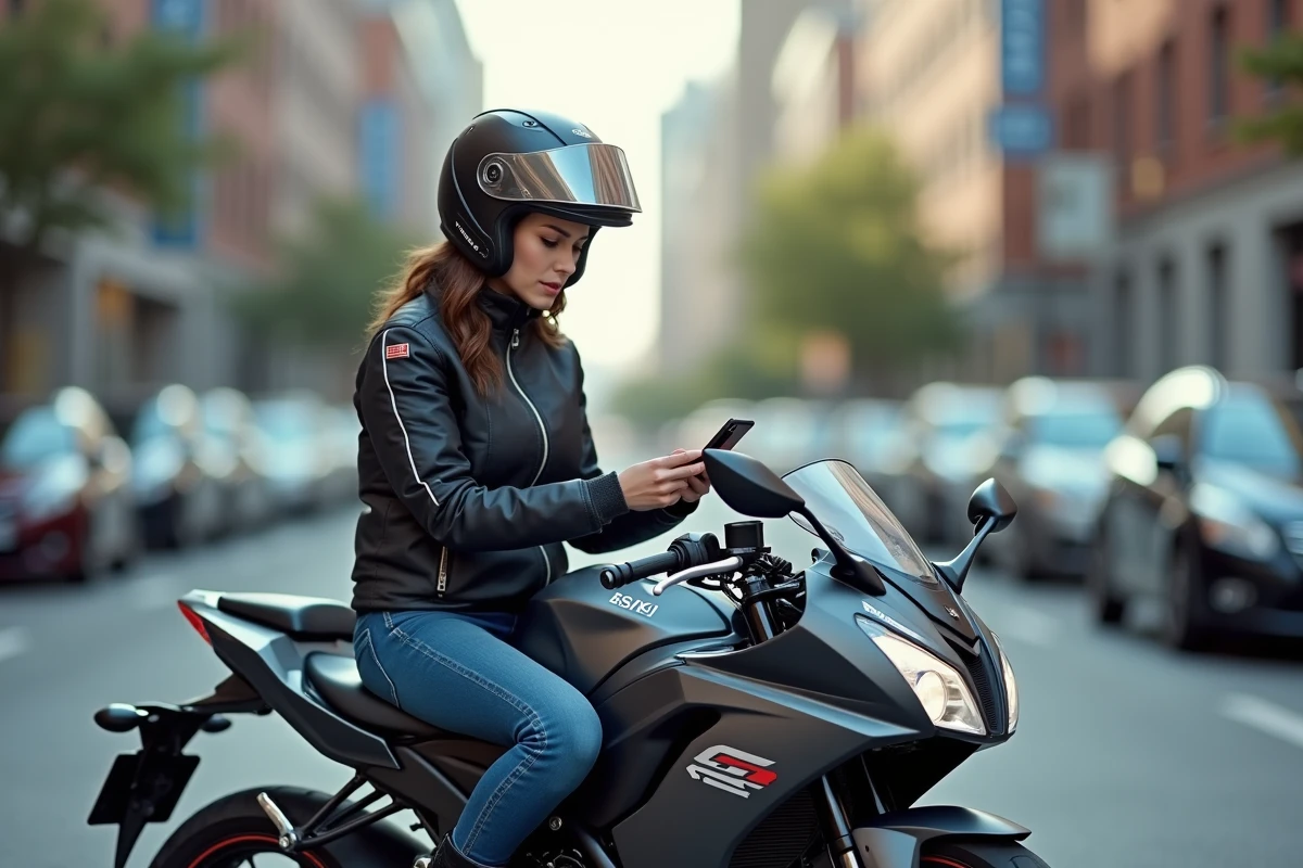 Motarde consultant une application de comparaison d'assurance sur smartphone assise sur une GSX-R 750 en ville