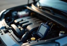 Moteur Peugeot avec outil de diagnostic connecté en plein jour
