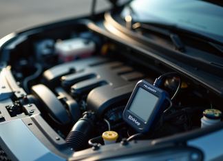 Moteur Peugeot avec outil de diagnostic connecté en plein jour