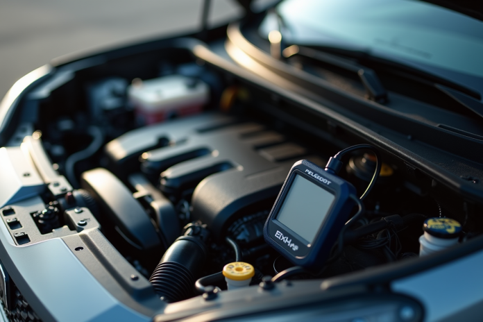 moteur-peugeot-diagnostic Moteur Peugeot avec outil de diagnostic connecté en plein jour
