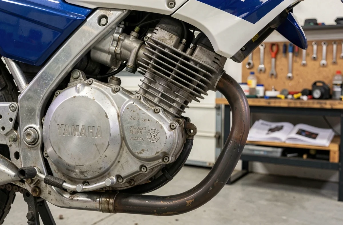 Détail moteur deux temps de la Yamaha TZR 125 dans un garage avec outils et manuel technique