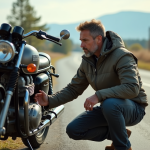 Durée de vie d’une moto : combien de temps peut-elle durer et comment l’optimiser ? Homme en équipement moto ancien sur route rurale