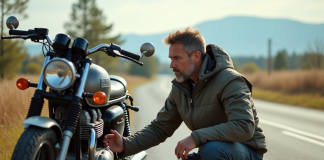 Homme en équipement moto ancien sur route rurale