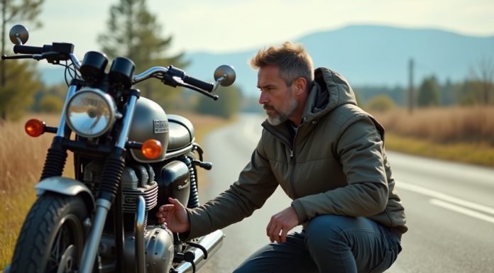 Durée de vie d’une moto : combien de temps peut-elle durer et comment l’optimiser ? Homme en équipement moto ancien sur route rurale