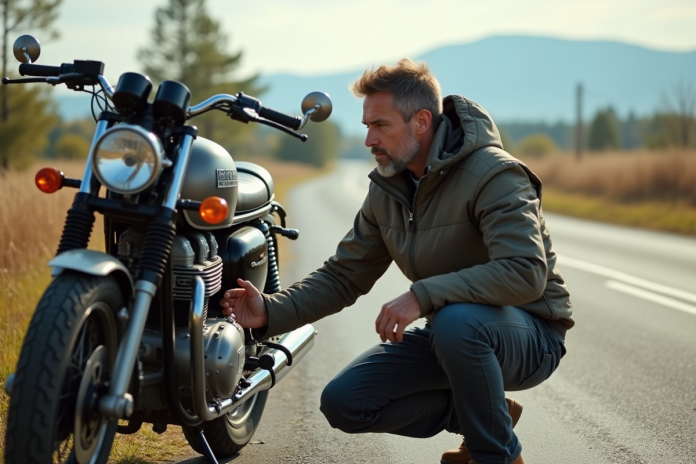 Homme en équipement moto ancien sur route rurale