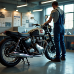 Inspection d'une moto vintage dans un centre moderne
