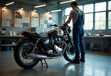 Inspection d'une moto vintage dans un centre moderne