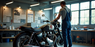 Inspection d'une moto vintage dans un centre moderne
