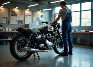 Inspection d'une moto vintage dans un centre moderne