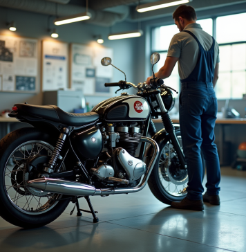 Inspection d'une moto vintage dans un centre moderne