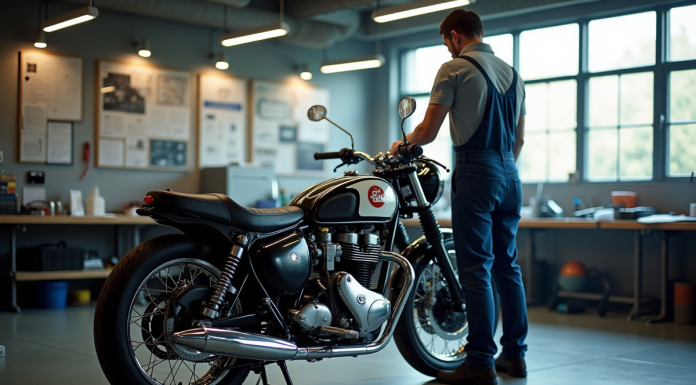 Inspection d'une moto vintage dans un centre moderne