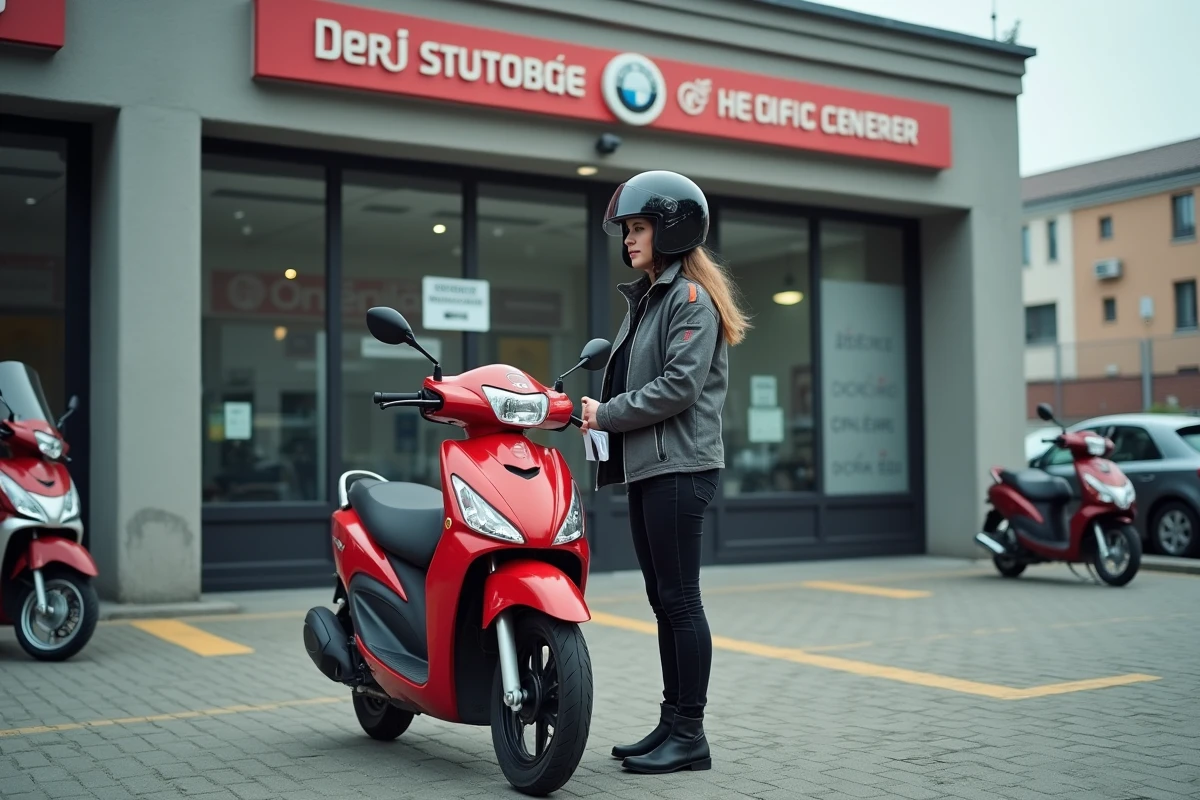 Motocycliste se présentant au centre de contrôle technique avec son 125 cm³ rouge et ses documents