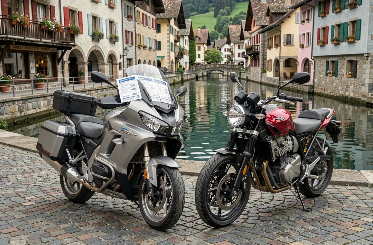 Deux motos garées dans la vieille ville d'Annecy avec des devis d'assurance visibles