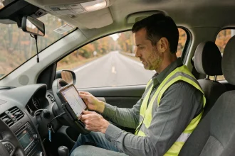 Opérateur de voiture radar privée assis à bord de son véhicule équipé d'un radar de contrôle de vitesse sur une route de campagne