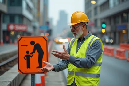 Ouvrier de chantier en gilet réfléchissant vérifiant un panneau de restriction de hauteur