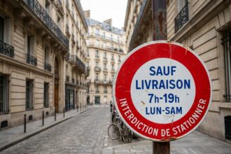 Panneau d'interdiction de stationner rouge et blanc sur un poteau métallique dans une rue parisienne avec façades haussmanniennes en arrière-plan